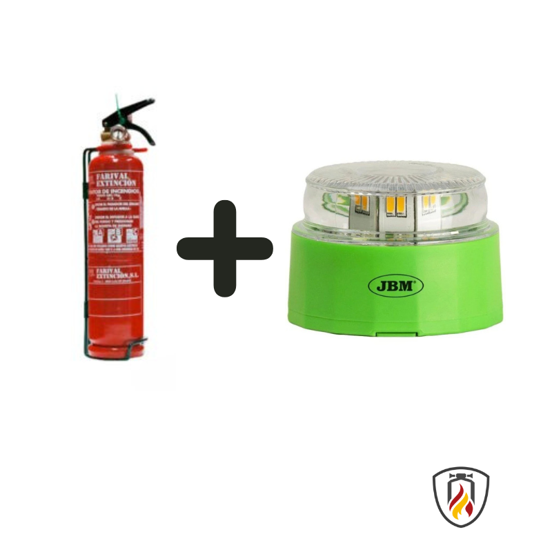 Pack Oferta Seguridad Coche Esencial | Extintor 1kg ABC y Baliza V16 JBM Homologada DGT